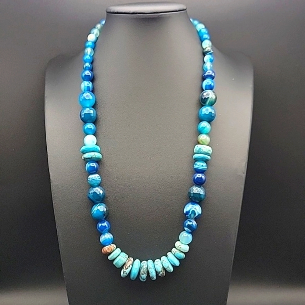 Untreated 495 Cts Natural Turquoise & Onyx Beaded Gemstone Necklace Unisex #1 - Picture 1 of 10